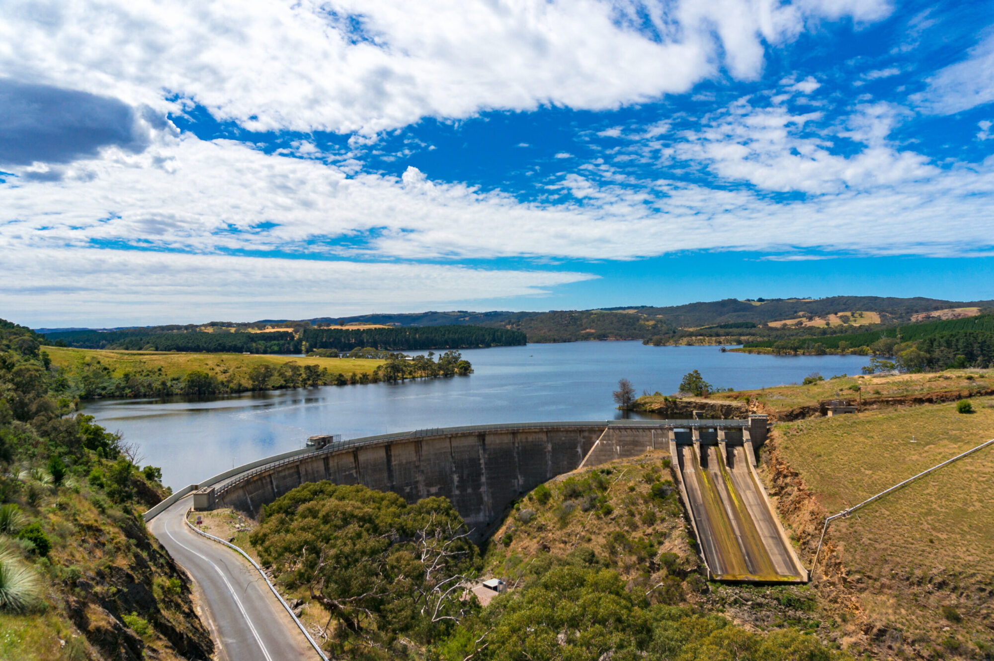 Aerial view of water reservoir and dam