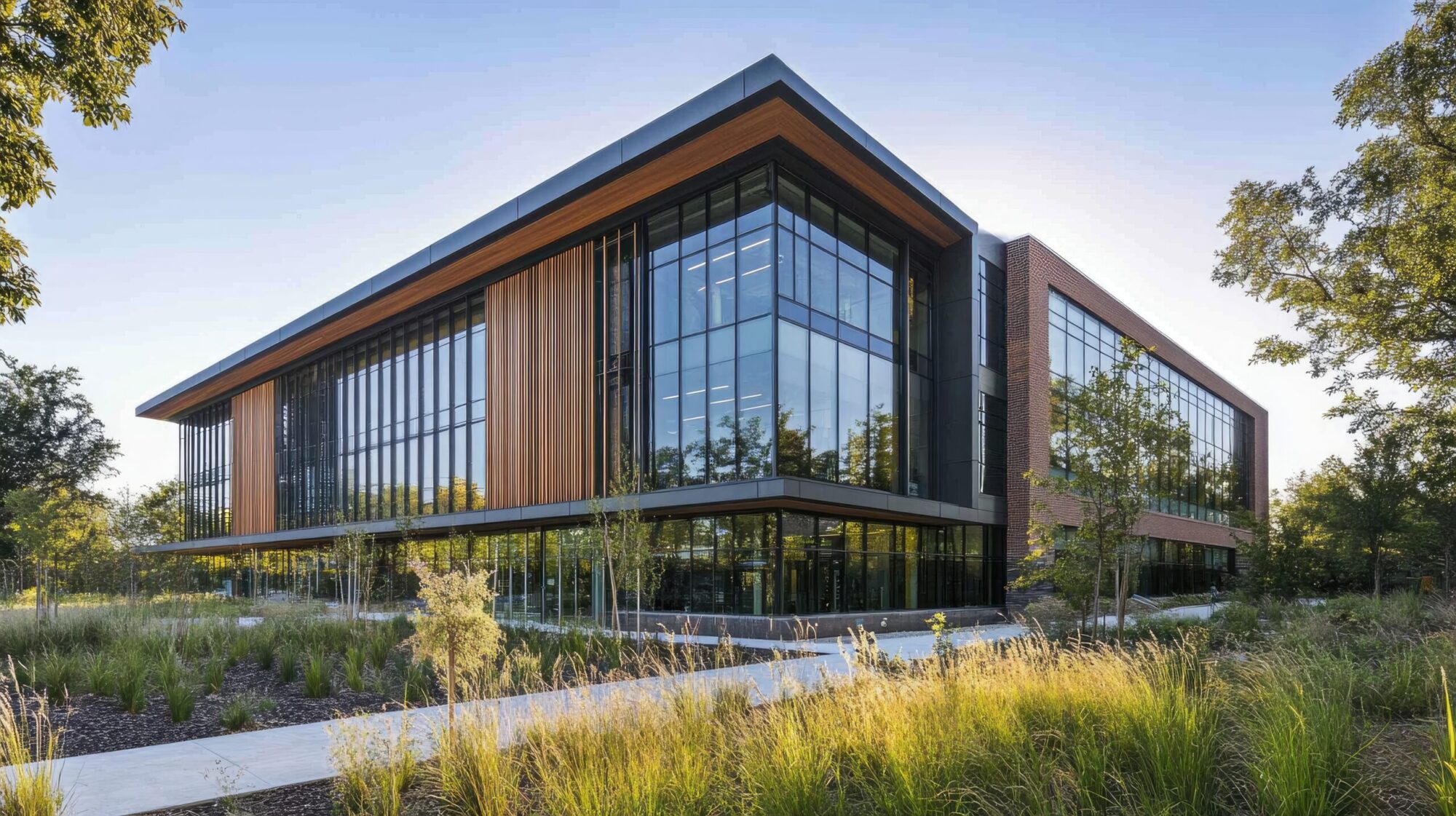 Sustainable research facility with eco-friendly materials and renewable energy technology